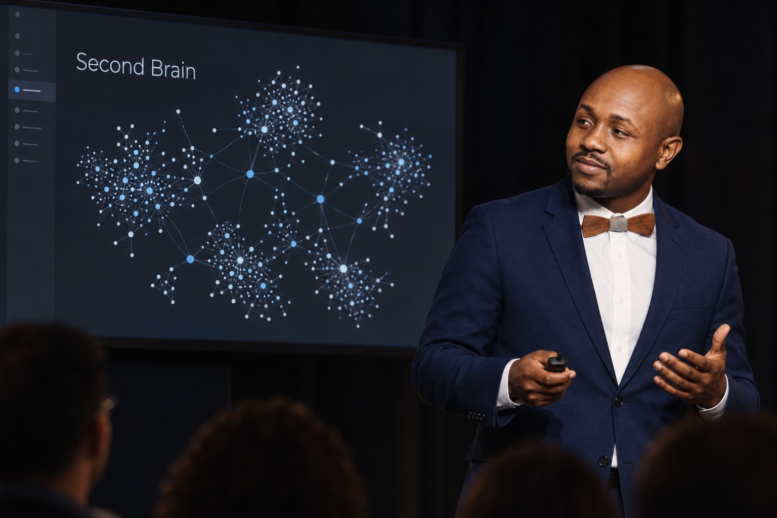 Ryan Perez presenting beside a screen showing a Second Brain network graph